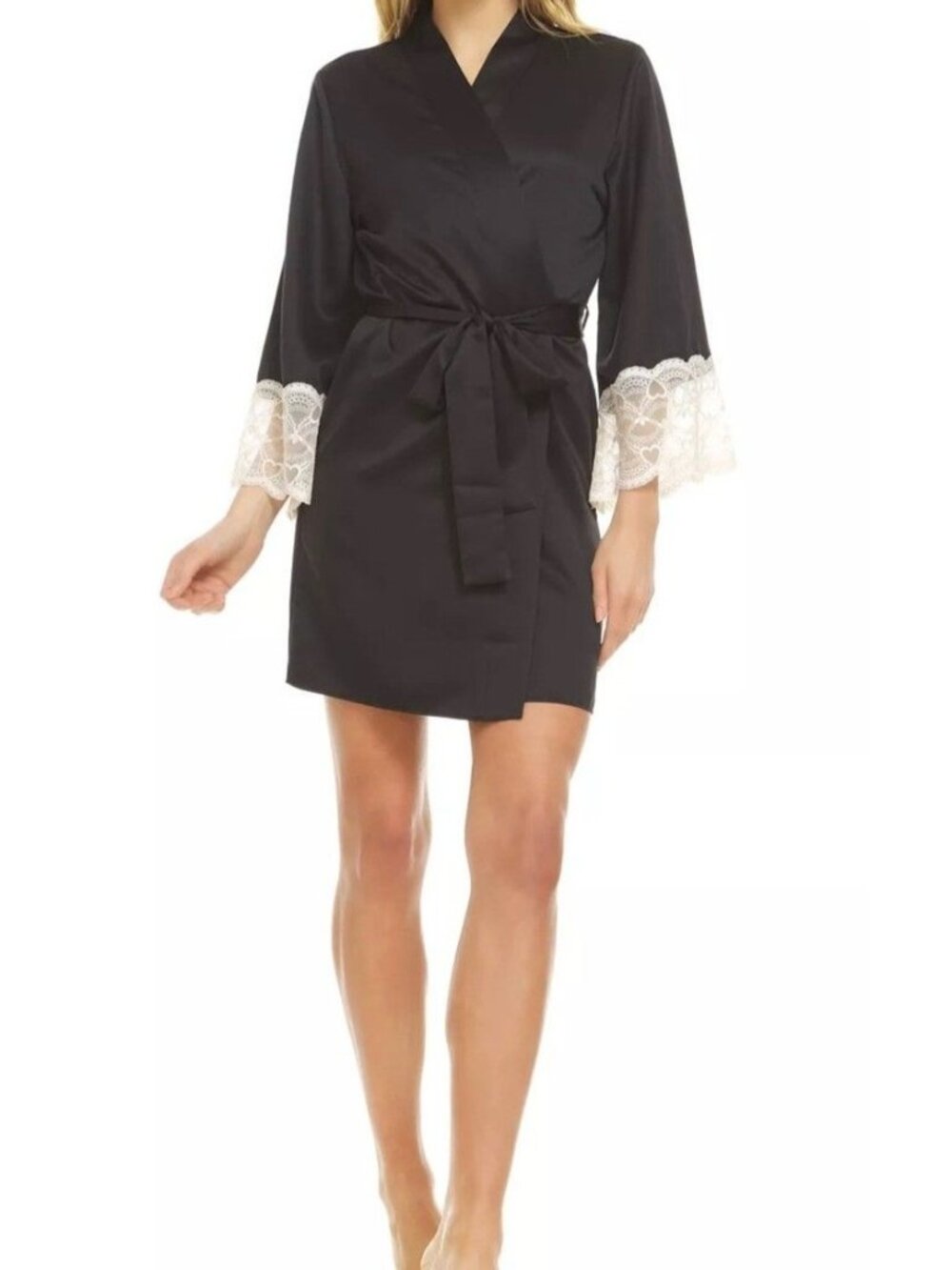 Flora Nikrooz Kit Matte Charmeuse Wrap Robe w/ Heart-Patterned Lace Trim Sleeves - Picture 3 of 7
